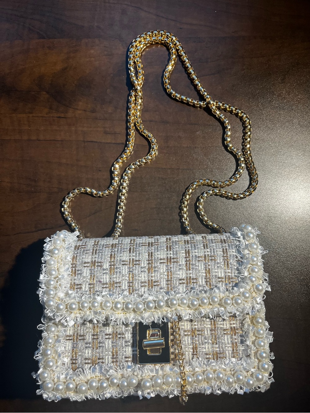 Pearl-Trim Tweed Crossbody Bag in Ivory